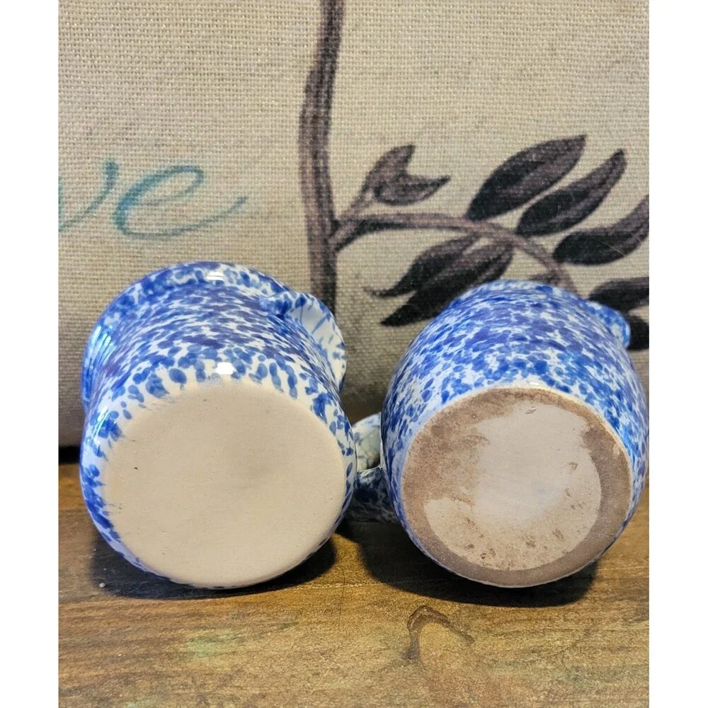 Adorable Blue and White Spongeware Sugar Bowl & Creamer Set - 1950's